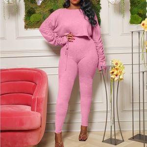 Pink Ribbed 2 Piece Set Ruched Sleeve Crop Top and Long Pants Workout Set